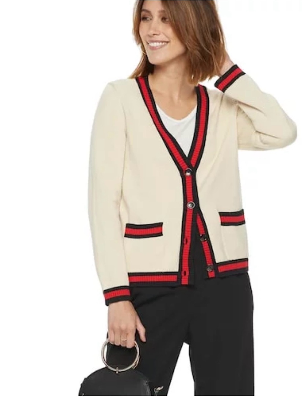 2 for $20 sale: Popsugar tan/beige v-neck cardigan sweater with black red trim -